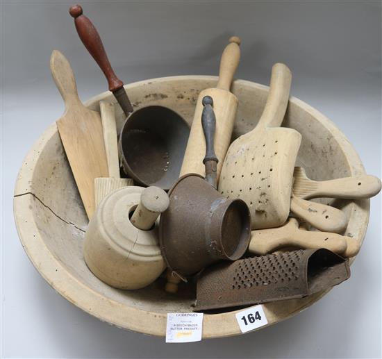 A beech mazer, butter presses, etc.